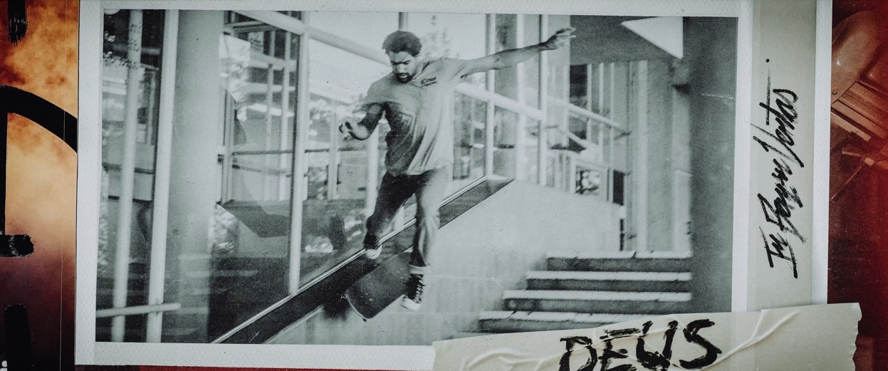Polaroid picture of person skating down the stairs.