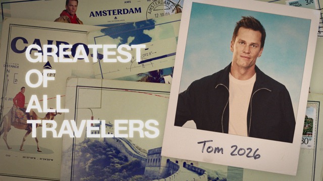 A collage with travel postcards, a polaroid of a man labeled “Tom 2026,” and the text “Greatest of All Travelers” in bold white letters.